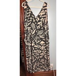 Kinesis Womens 2X Wide Leg Jumpsuit Black Cream Abstract Leaf Print  Pockets